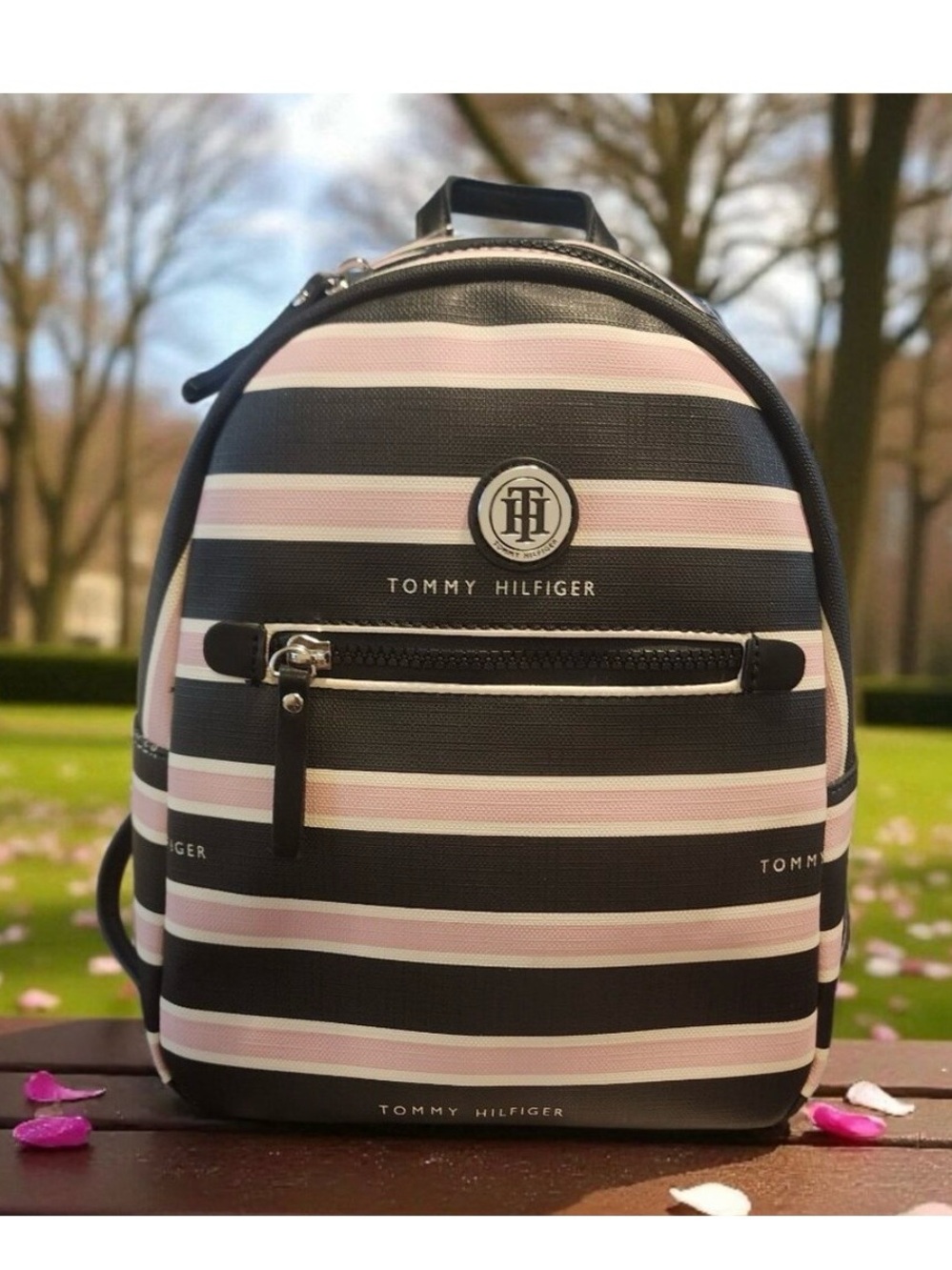 Tommy Hilfiger Black and Light Pink Striped Mini Backpack, NWT, MSRP $108